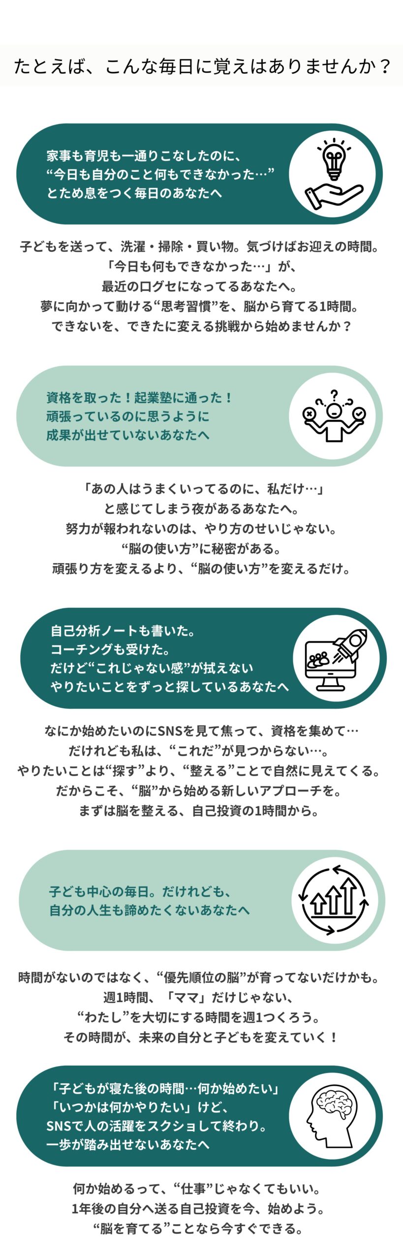 
YELL's大学は、「今のあなた」を否定しない。
「変わりたいあなた」を応援します。

たとえば、こんな毎日に覚えはありませんか？

💥やる気はあるのに結局"三日坊主”。行動できない・継続できないあなたへ
「三日坊主なのは、あなたのせいじゃない。」 
週1の“脳トレ授業”で、行動できる脳に育てよう。

😔家事も育児も一通りこなしたのに、“今日も自分のこと何もできなかった…”とため息をつく毎日のあなたへ
子どもを送って、洗濯・掃除・買い物。気づけばお迎えの時間。
「今日も何もできなかった…」が、最近の口グセになってるあなたへ。
夢に向かって動ける“思考習慣”を、脳から育てる1時間。
できないを、「できた」に変える挑戦から始めませんか？

🧠資格を取った！起業塾に通った！頑張っているのに思うように成果が出せていないあなたへ
「あの人はうまくいってるのに、私だけ…」と感じてしまう夜があるあなたへ。
努力が報われないのは、やり方のせいじゃない。“脳の使い方”に秘密がある。
頑張り方を変えるより、“脳の使い方”を変えるだけ。 成果が出ない毎日に、終止符を。


😖自己分析ノートも書いた。コーチングも受けた。それでも“これじゃない感”が拭えない「やりたいこと」をずっと探しているあなたへ
　　　　なにか始めたいのにSNSを見て焦って、資格を集めて…だけれども私は、“これだ”が見つからない…。
やりたいことは“探す”より、“整える”ことで自然に見えてくる。
だからこそ、“脳”から始める新しいアプローチを。
まずは脳を整える、自己投資の1時間から。



🧑‍🍼育児・家事・仕事に追われてタスクオーバー。
自分の夢を後回しになってしまっているママ起業家さんへ
　　　「時間がない...。」だけれども未来を変える“1時間”は創れる。
　　　やらなきゃ、やらなきゃ…の毎日。
　　　「時間がない」のではなく、「脳が整ってない」だけかもしれない。
　　　　週1の「脳トレ授業」で夢を後回しにしない人生へ。夢の優先順位が変わります。


👦子ども中心の毎日。だけれども、自分の人生も諦めたくないあなたへ
家事の合間にYouTubeで副業動画見て、気づいたら子どもの帰宅時間。
自分の時間は最後の最後。
“時間がない”のではなく、“優先順位の脳”が育ってないだけかもしれない。
週1時間、「ママ」だけじゃない、“わたし”を大切にする時間を週1つくろう。
その時間が、未来の自分と子どもを変えていく！


💻「子どもが寝た後の時間…何か始めたい」「いつかは何かやりたい」けど、SNSで人の活躍をスクショして終わっている。一歩が踏み出せないあなたへ
　　　何か始めるって、何も“仕事”じゃなくてもいい。
　　　1年後の自分へ送る自己投資を今、始めよう。
　　　“脳を育てる”ことなら今すぐできる。


😔「また出来なかった…」会社で自分を押し殺して働いている現状から抜け出したい！
人生を変えたいけど、何から始めればいいかわからないあなたへ
資格？自己啓発？スキルアップ？
どれも続かなかったなら、今度は“脳”から始めよう。
もう「居場所がない」と感じなくて大丈夫。
脳を整えて、わたしらしいキャリアをもう一度つくろう。





「夢を叶えたいなら、自己流で学ぶより“脳”を育てよう。」
頑張り方じゃなく、脳の使い方を変える。
週1時間から、できない脳を“できる脳”に育てる学校。
それが、YELL’s大学。

