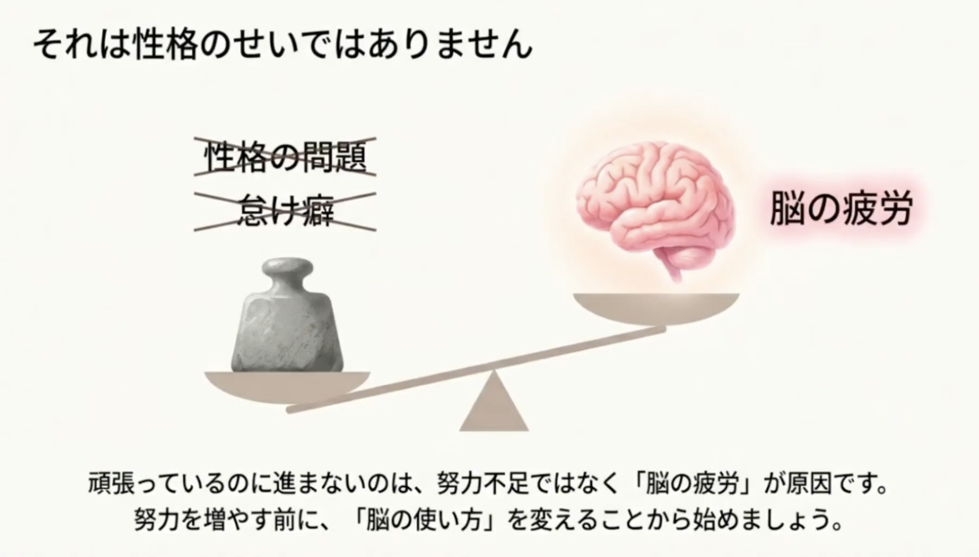 それは性格のせいではありません
性格の問題
怠け癖
脳の疲労
頑張っているのに進まないのは、努力不足ではなく「脳の疲労」が原因です。
努力を増やす前に、「脳の使い方」を変えることから始めましょう。