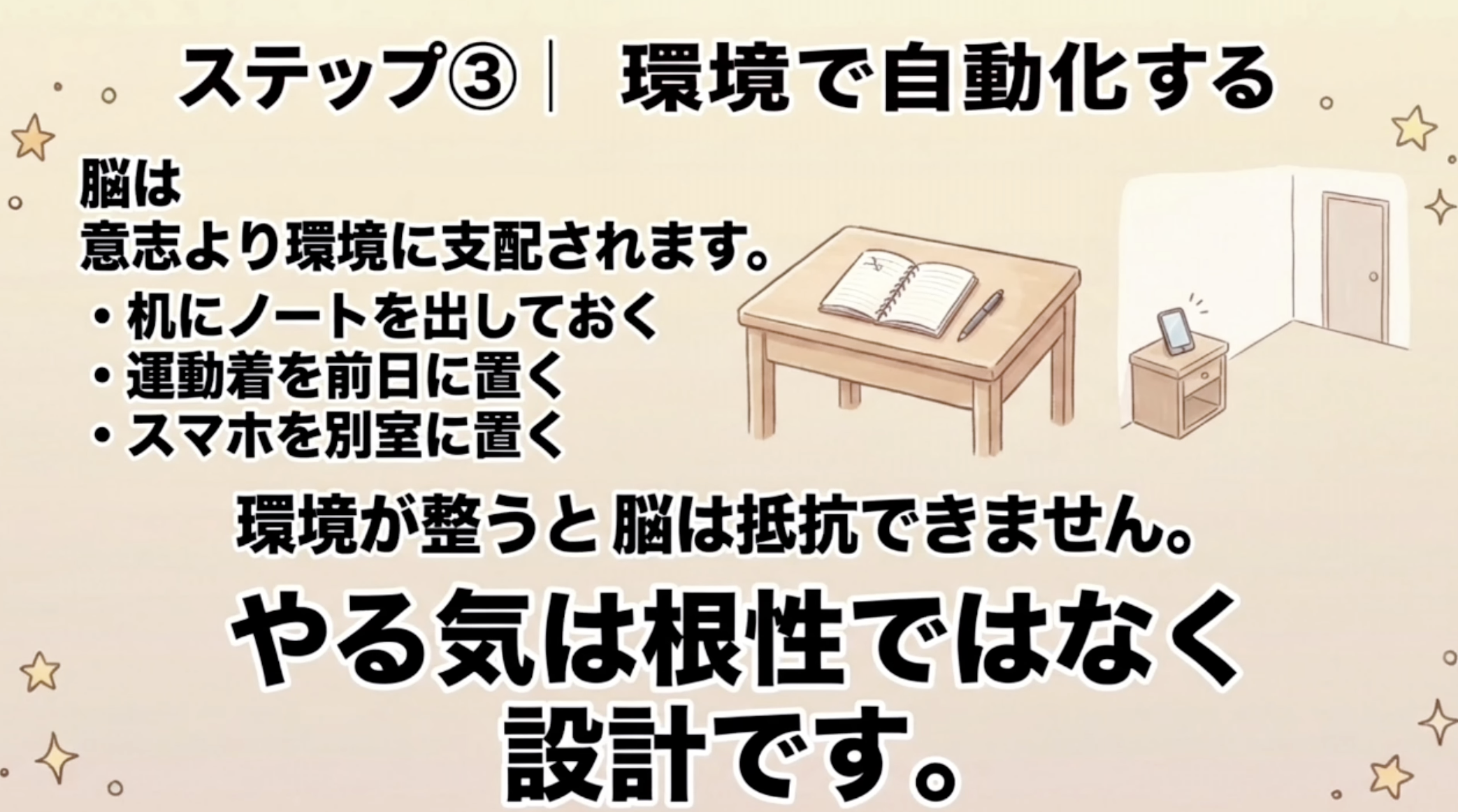 ステップ③1 環境で自動化する
脳は
意志より環境に支配されます。
・机にノートを出しておく
・運動着を前日に置く
・スマホを別室に置く
環境が整うと脳は抵抗できません。
やる気は根性ではなく設計です。