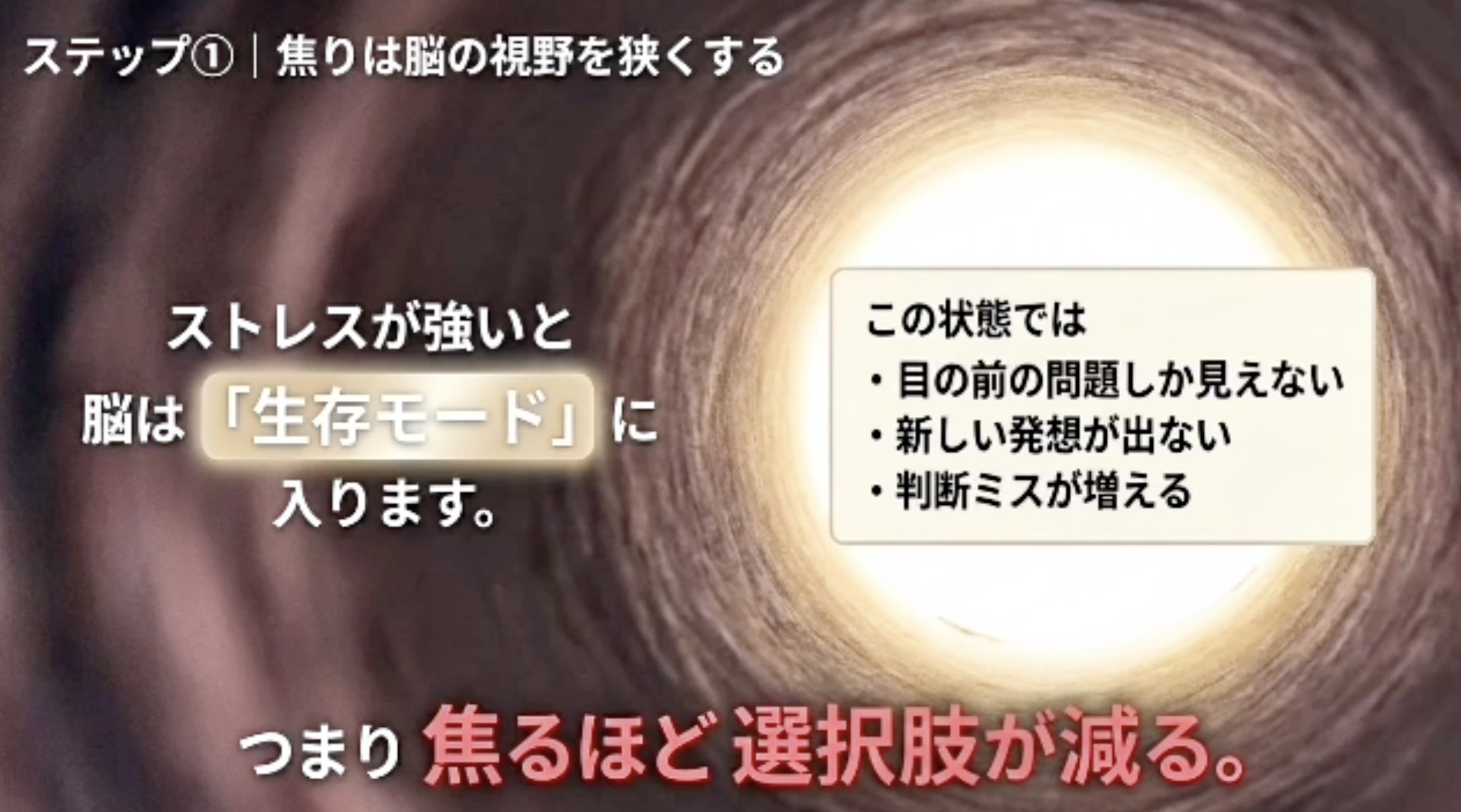ステップ①｜焦りは脳の視野を狭くする
ストレスが強いと
脳は「生存モード」に入ります。
この状態では
・目の前の問題しか見えない
・新しい発想が出ない
・判断ミスが増える
つまり焦るほど選択肢が減る。