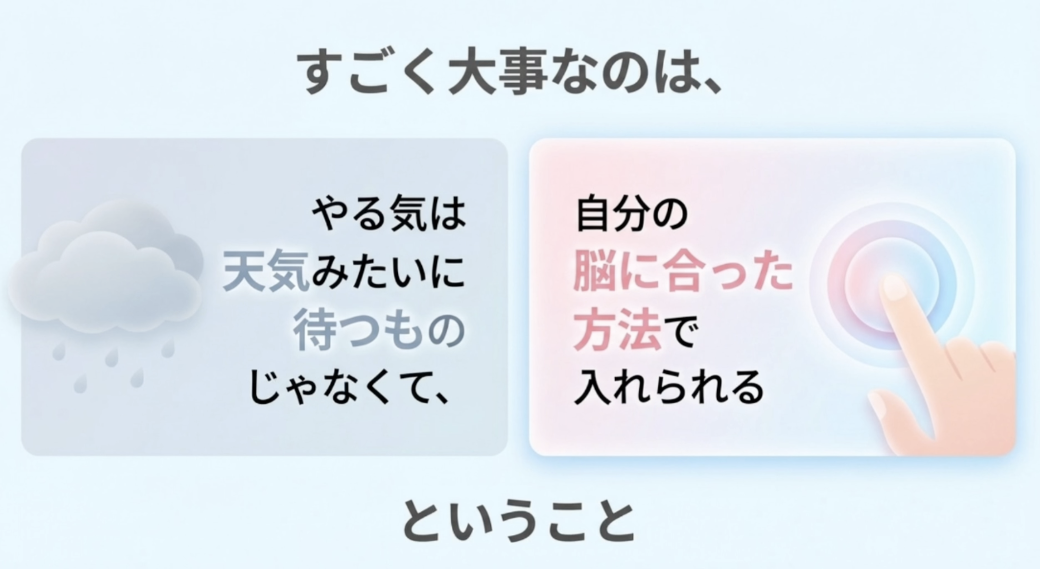すごく大事なのは、
やる気は天気みたいに
待つものじゃなくて、
自分の脳に合った方法で入れられる
ということ