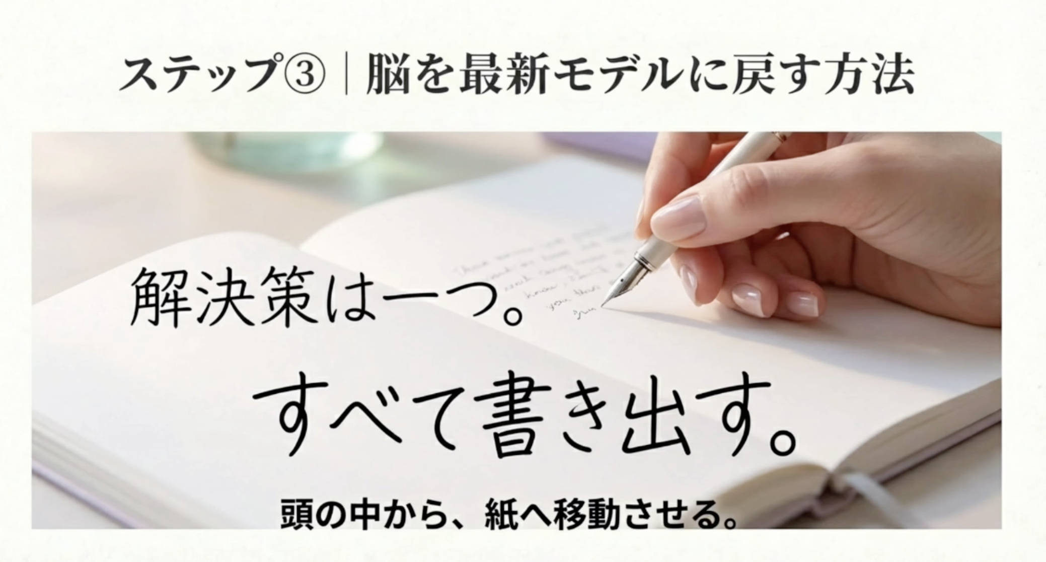 ステップ③｜脳を最新モデルに戻す方法
解決策は一つ。
すべて書き出す。
頭の中から、紙へ移動させる。