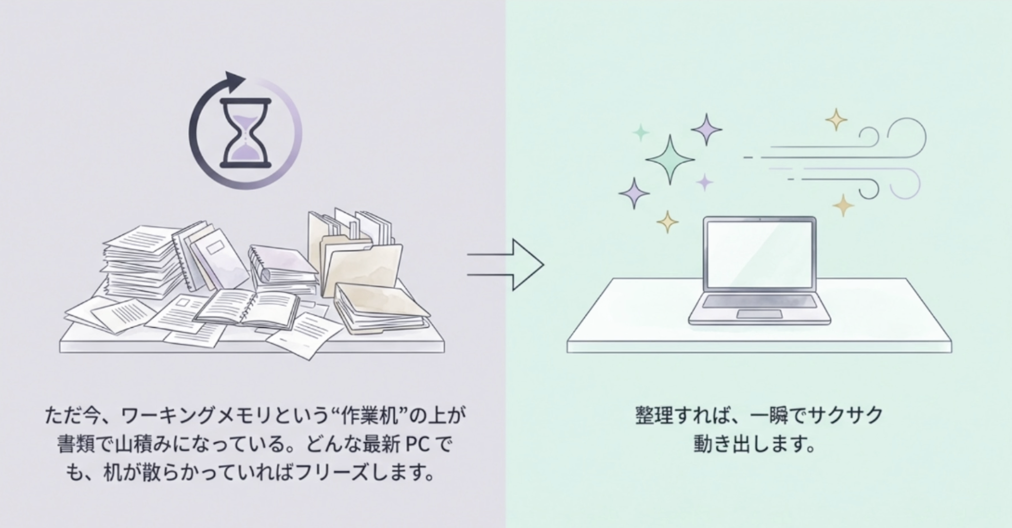 ただ今、ワーキングメモリという“作業机”の上が書類で山積みになっている。どんな最新PCでも、机が散らかっていればフリーズします。
理すれば、一瞬でサクサク動き出します。