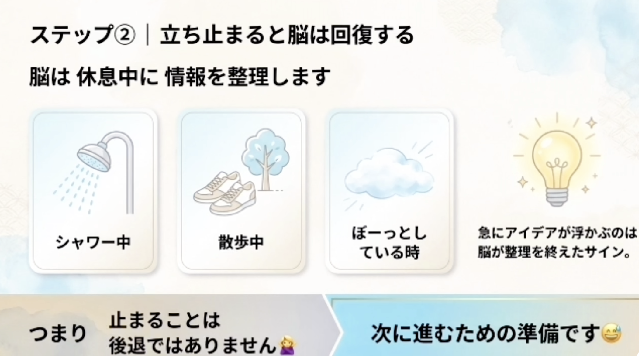ステップ②｜立ち止まると脳は回復する
脳は休息中に情報を整理します
シャワー中
散歩中
ぼーっとしている時
急にアイデアが浮かぶのは脳が整理を終えたサイン。
つまり
止まることは後退ではありません
次に進むための準備ですご