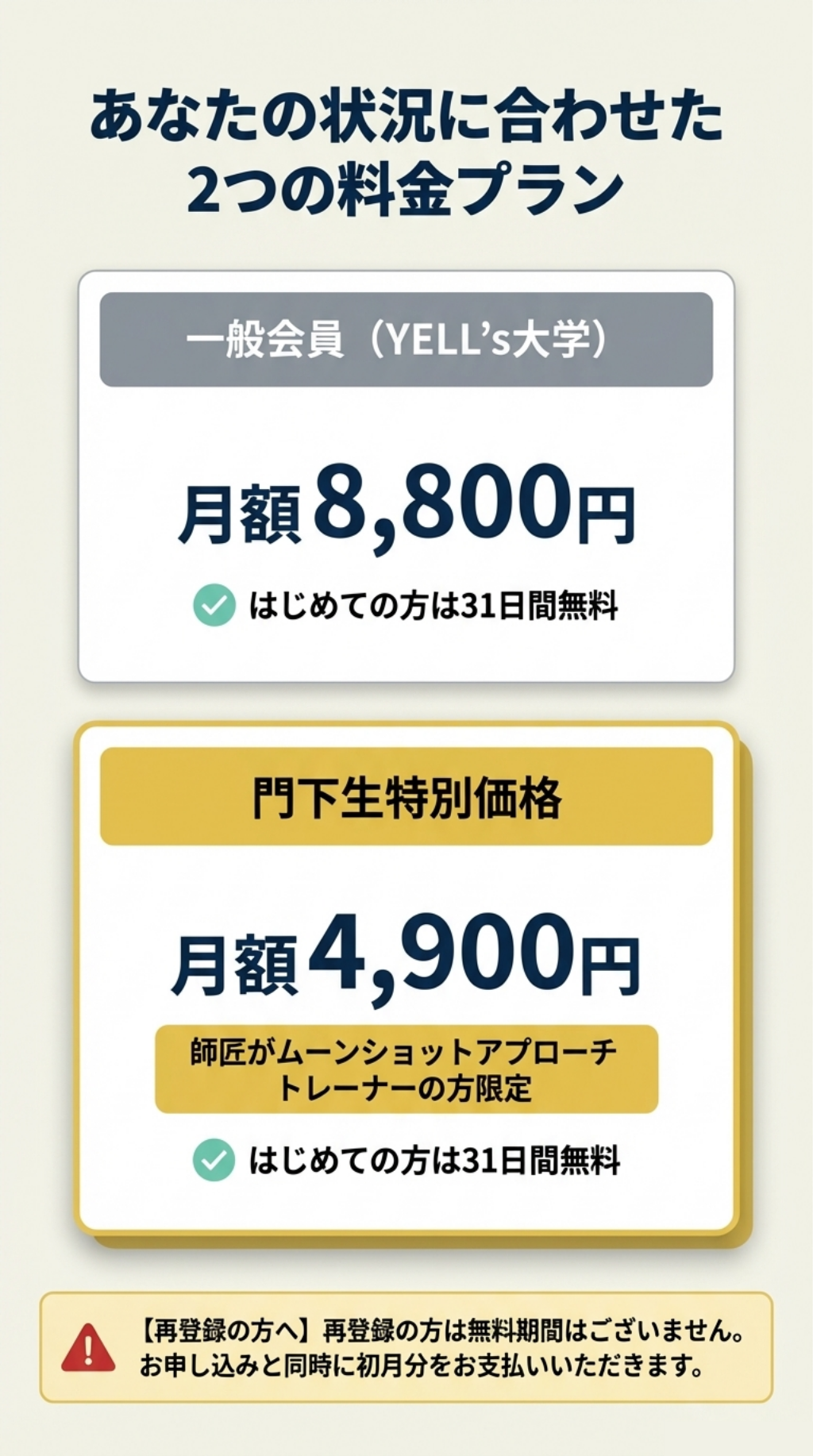 あなたの状況に合わせた 2つの料金プラン 一般会員（YELL’S大学） 月額8,800円 はじめての方は31日間無料 門下生特別価格 月額4,900円 師匠がムーンショットアプローチ トレーナーの方限定 はじめての方は31日間無料 A 【再登録の方へ】再登録の方は無料期間はございません。 お申し込みと同時に初月分をお支払いいただきます。