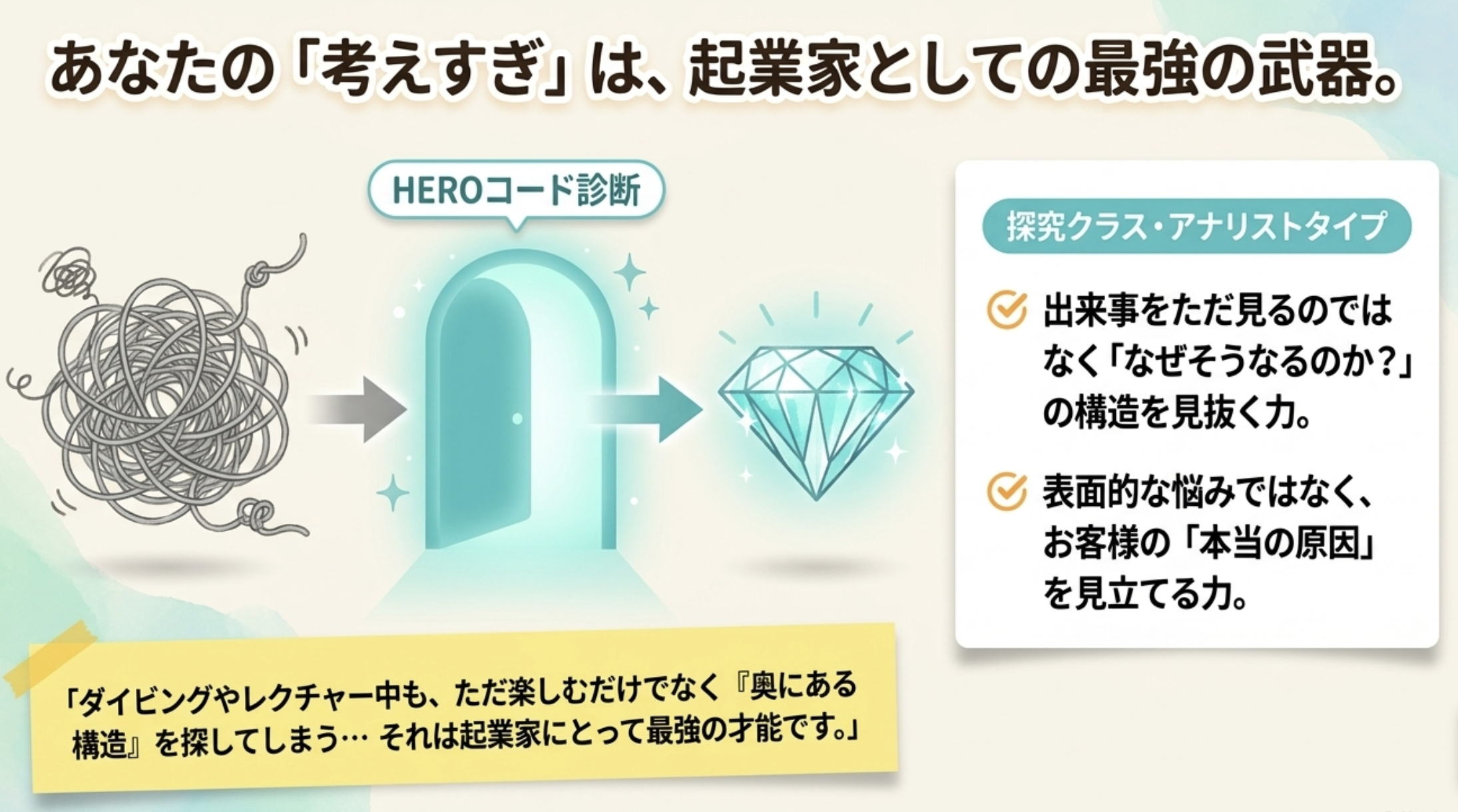 あなたの「考えすぎ」は、起業家としての最強の武器。 HEROコード診断 探究クラス・アナリストタイプ ◎ 出来事をただ見るのではなく「なぜそうなるのか？」の構造を見抜く力。 表面的な悩みではなく、お客様の「本当の原因」を見立てる力。 「ダイビングやレクチャー中も、ただ楽しむだけでなく『奥にある構造』を探してしまう・・・それは起業家にとって最強の才能です。」