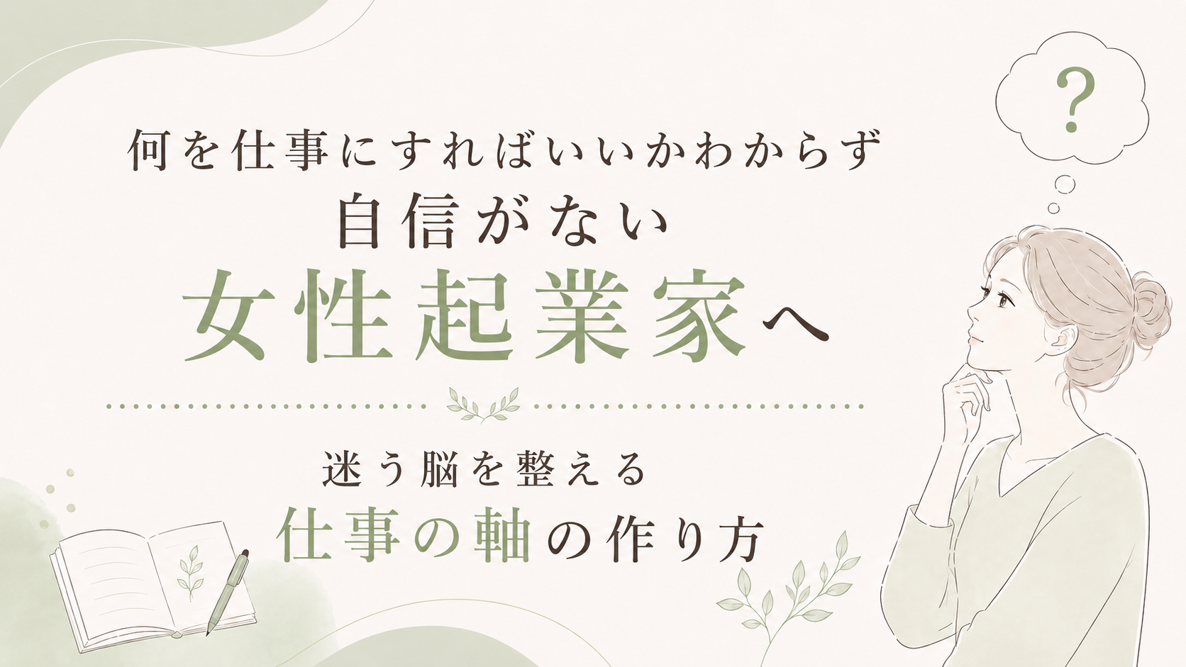 Japanese poster: a thoughtful woman on the right with a question bubble above, an open notebook and pencil on the left, green decorative elements; main text for aspiring female entrepreneurs.